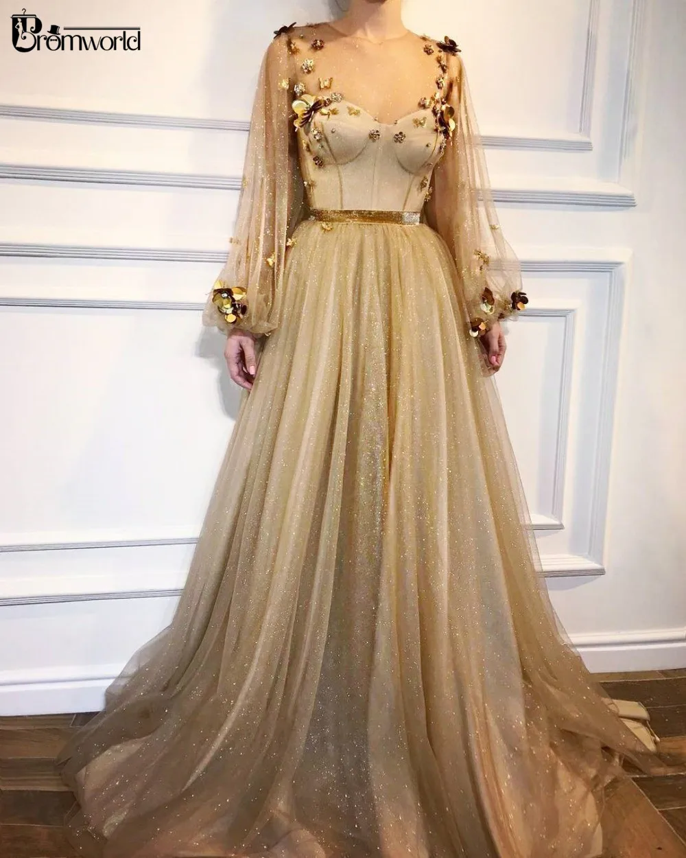Promworld Womens V Neck Gold Embroidery Short Prom Dress