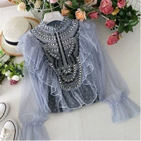 chic lace patchwork ruffles blouse sexy perspective single breasted blusas o neck puff long sleeve shirt party fall 48158