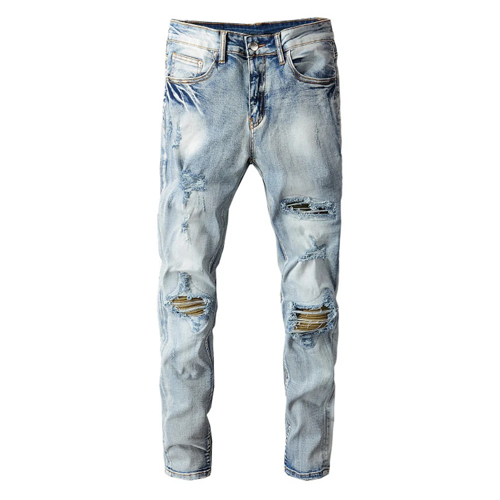 

Gzdeerax Для Мужчин's рваные байкерские джинсы уличной отверстия, из кусков, тонкие, обтягивающие штаны-карандаш стрейч из денима брюки
