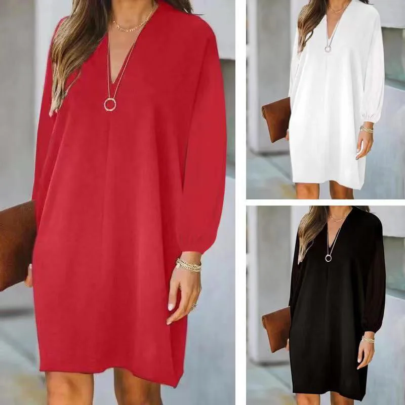 

Fall 2021 European and American Hot Women's V-neck Long Sleeve Solid Color Loose Dress dress for women plus size Straight