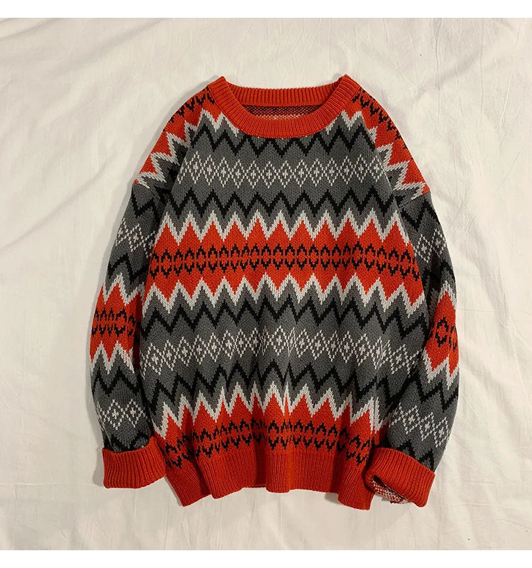 Sweater Men's Warm Fashion Contrast Color Casual Retro O-neck Knit Pullover Men Loose Knitting Sweaters Male Sweter Clothes