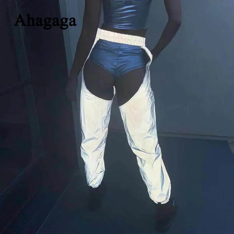 2020 Светоотражающие Брюки карго для женщин модные открытые брюки ночного клуба