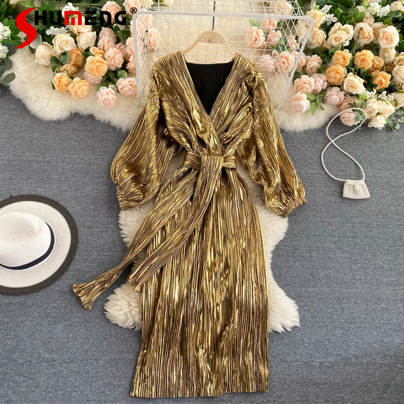 

Vintage Court Style Lantern Sleeves Mid-length Golden Dress 2022 Spring Elegant V Neck Lace-up Ankle-Length Mid Dresses Women