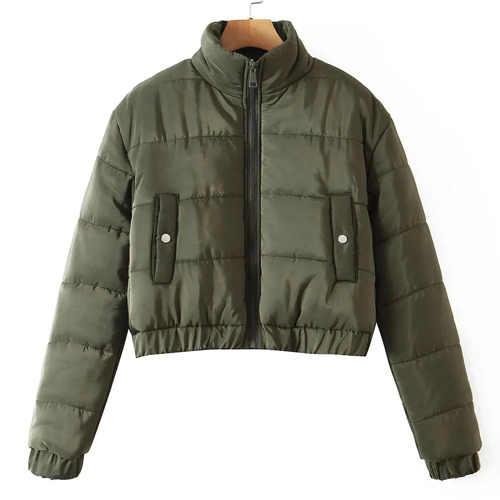 

Женский пуховик с длинным рукавом ZA, однотонная короткая стеганая куртка с высоким воротником и карманами на молнии, зима 2021