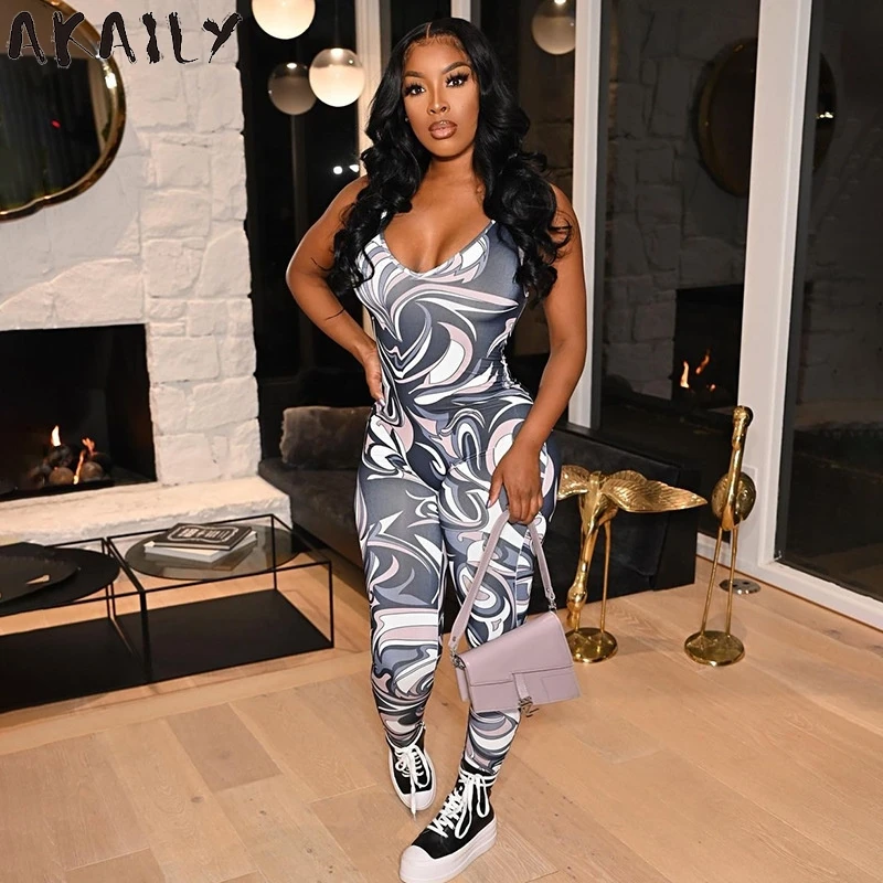 

Akaily Streetwear Print Sleeveless Bodycon Jumpsuit Women Summer Slim Strapless Backless Jumpsuit Female One Piece Outfit 2021