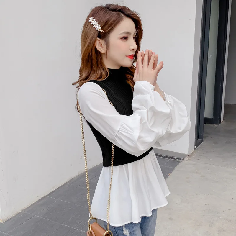 

Women's Knit Patchwork Fake Two-piece Tops Slim Fit Slim Lantern Sleeved Shirt Tide Turtleneck Pullovers Sweater Tops