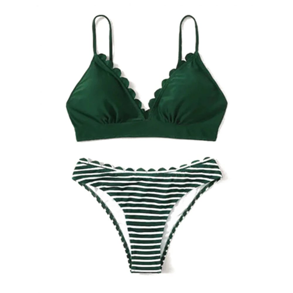 

Women's Sexy Dark Green Lace e Swimsuit Striped Bikini Panty Swimming Suit Set