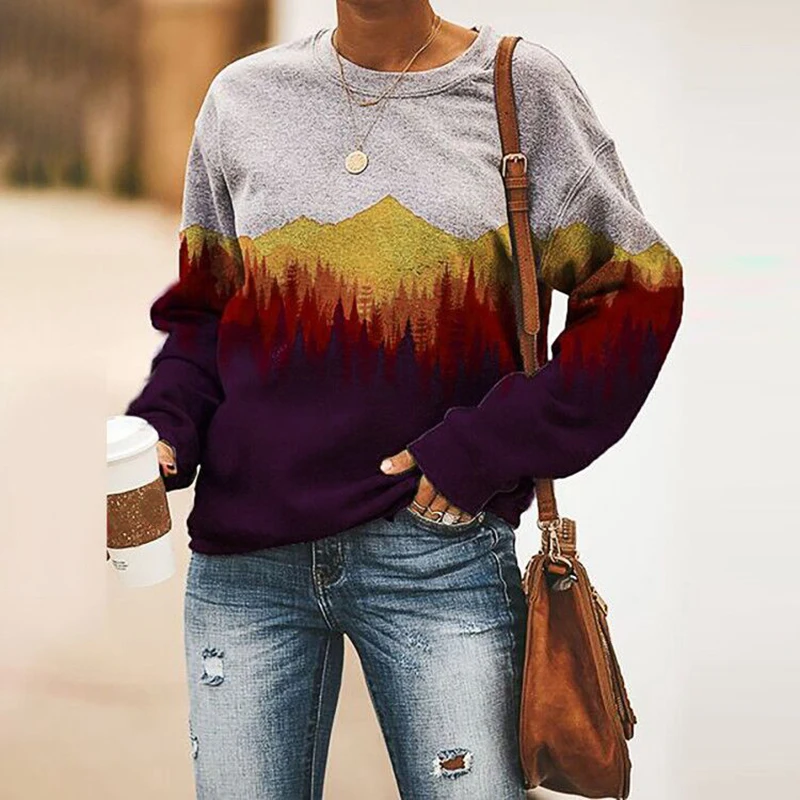 

Loose Casual Forest Print Sweatshirt Pullover Women Long Sleeve Casual Top Autumn Spring Winter d88