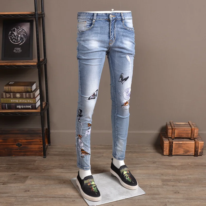 Design Harajuku Stretch Jeans Men Slim Flower Animal Embroidery Casual Denim Pencil Pants High Quality Summer Cargo Trousers