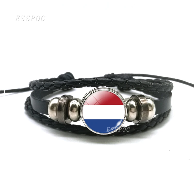 Netherlands Национальные флаги, Испания, Турция, США, очаровательный черный браслет на кнопке, Кожаные плетеные веревки, в стиле панк, для женщин и мужчин, подарок - Окраска металла: Netherlands
