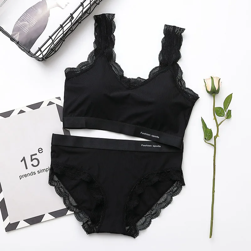 Дышащий кружевной комплект бюстгальтера и трусиков, красивое нижнее белье для девочек на спине, женский милый кружевной комплект с бюстгальтером - Цвет: Черный