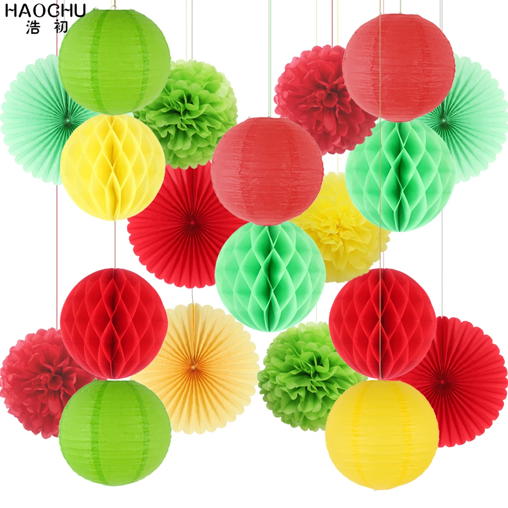 

20pcs Mix Paper Hanging Decor Set Tissue Paper Fans/Lantern/Honeycomb Ball/Pom Poms Flower Party Backdrop Decorations Wedding