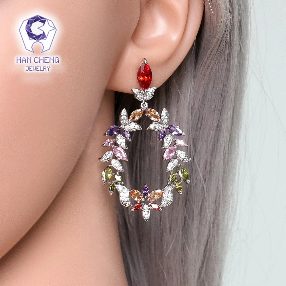 Новые модные роскошные висячие серьги HanCheng с фианитами и цветными драгоценными