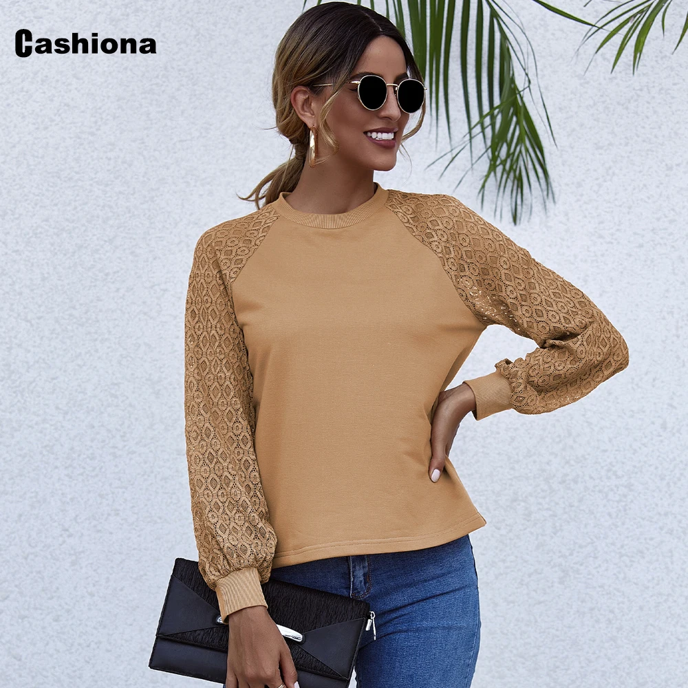 

Cashiona Plus size Women Elegant Leisure Casual T-shirt Long Sleeve Patchwork Lace Women's Top 2021 New Spring Tees shirt Femme