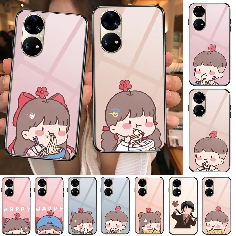 

Cute cartoon couple baby Tempered Glass Phone Case Casev For Huawei P40 Pro lite 5G P30 P Smart Z 2019 P10 Lite P20 P50