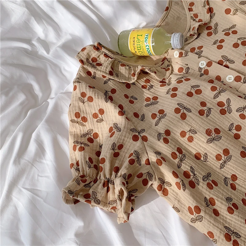 

short sleeve peter pan collar women nightgowns cherry print cotton homewear dress sweet vestidos sleepwear crepe loose Y624