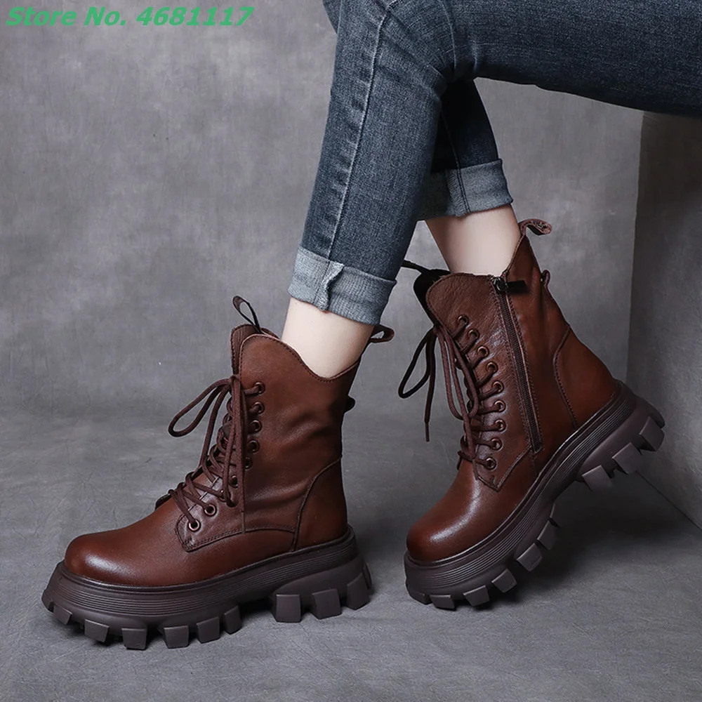 

Outfit Genuine Leather Front Lace Platform Boots Zipper Height Increasing Black Brown Martin Shoes Women Casual British Style