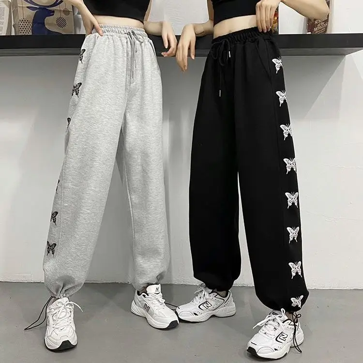 

Pants Women's Trendy High Street Harajuku Style Sweatpants Women Loose-fitting Straight Leg Wide-leg Butterfly Casual Pants 2021