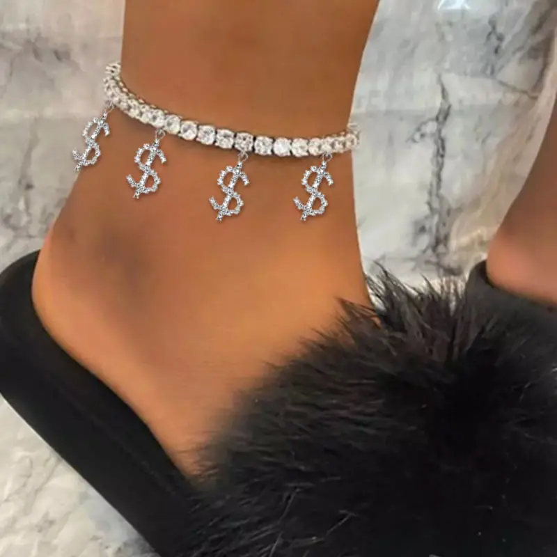 

Bling Rhinestone Novelty Dollar Sign Pendant Anklet Women Gold Silver Color Crystal Tennis Chain Anklets Beach Barefoot Jewelry