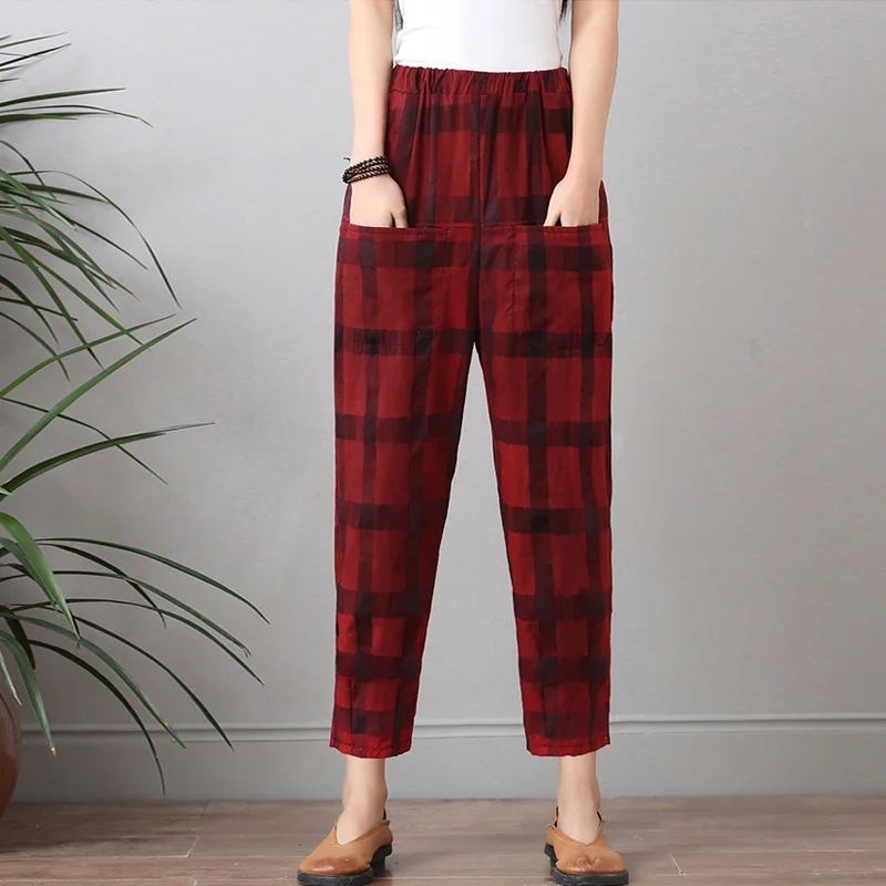 Женские клетчатые штаны шаровары из хлопка и льна толстые брюки 2019 фунтов cc1053