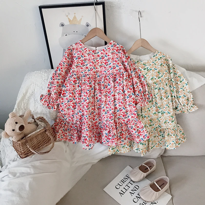 

Spring Autumn Knee-Length Kids Dresses For Girls Korean Fashion Floral Princess Vestidos Cute Ruffles Clothes 2-7Y