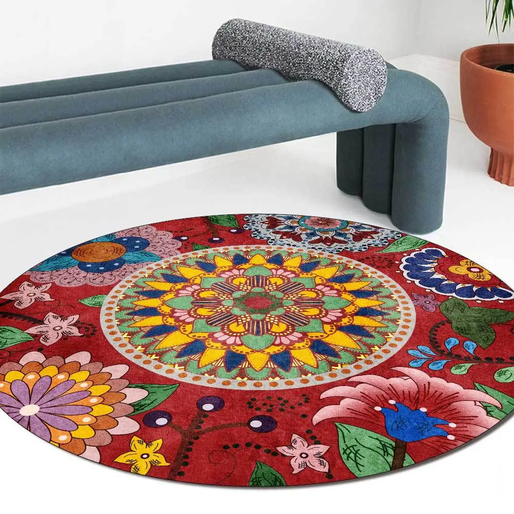 

Classical national wind flowers red black living room bedroom round mat carpet