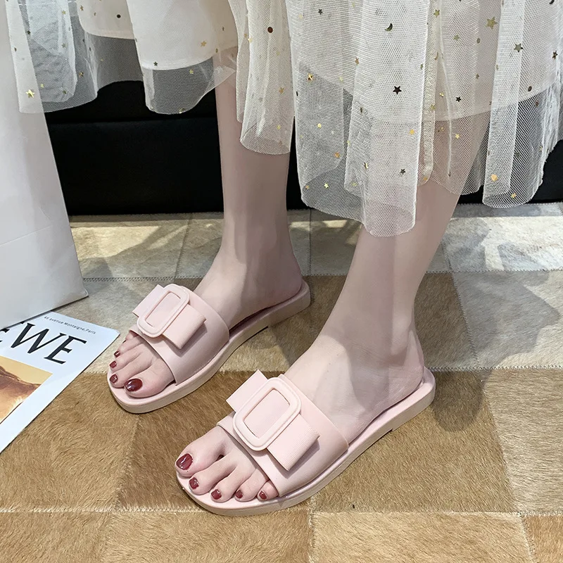 

New Summer Metal Square Buckle Ladies Sandals Slippers Ladies Flat Sandals Flip Flops Casual Flat Open Toe Beach Shoes Low Price