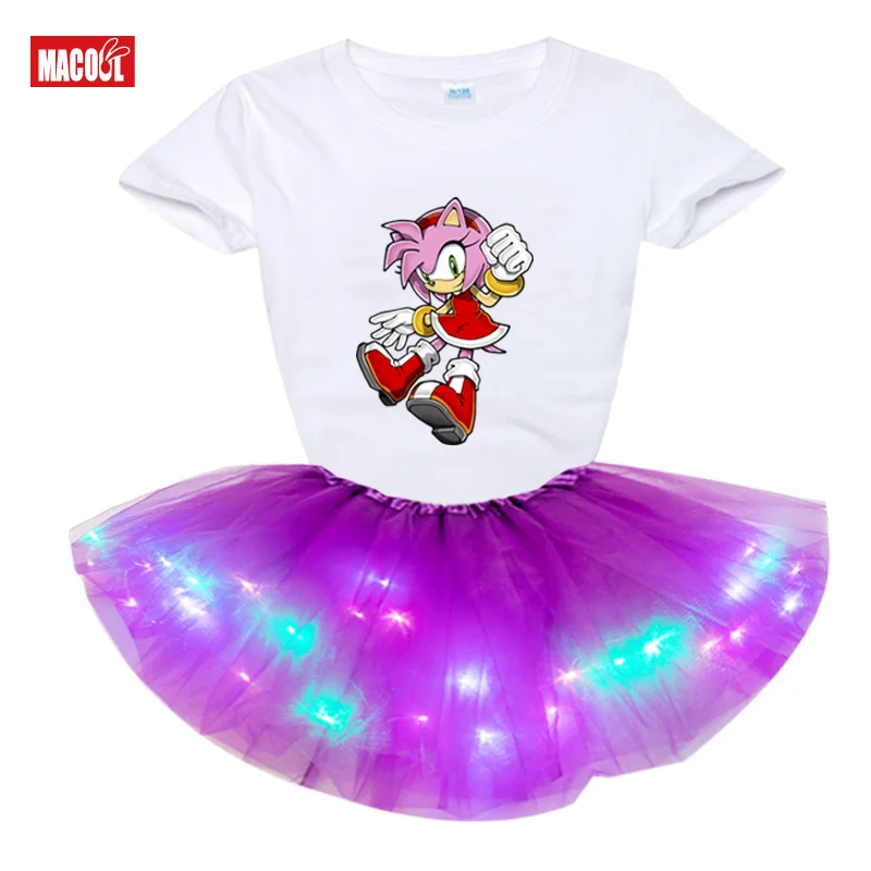 

Baby Girls Clothing Sets 2pcs Children Sonic The Hedgehog Amy T Shirt Short Sleeve Princess Light LED Tutu Dress+t Shirt Fashion