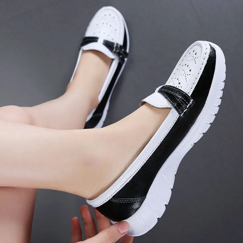 Women Loafers Shoes Genuine Split Leather Slip on Buckle Flat Heel Ballerines Ladies Sneakers Work Zapatos De Mujer 1840W | Обувь
