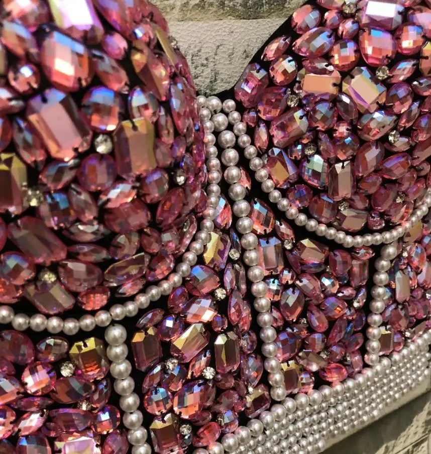 

New Purple pink red orange Bead Bustier Pearls Diamond Push Up Night Club Bralette Women's Bra Cropped Top Vest Plus Size D04