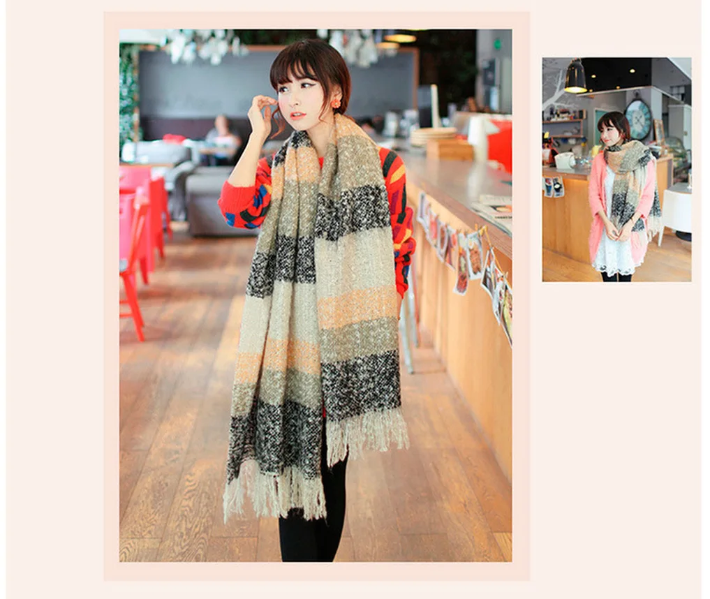 Женский зимний теплый шарф вязаный шерстяной кашемировый в клетку с кисточками 5
