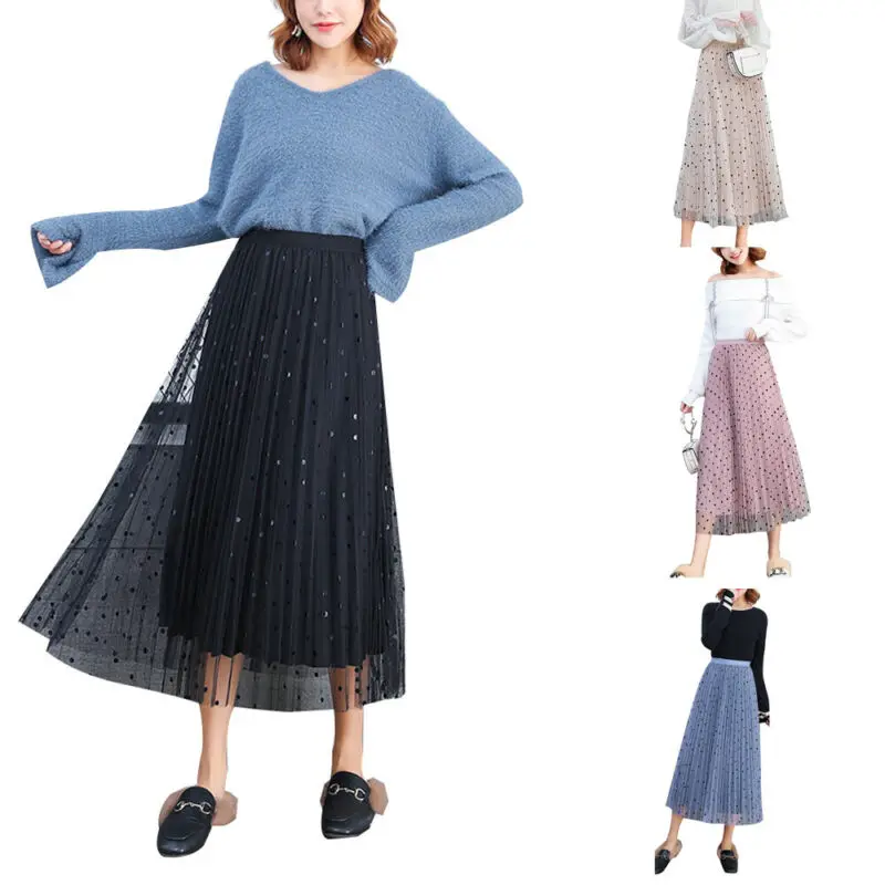 Женская плиссированная пляжная юбка в горошек Длинная летняя с высокой талией