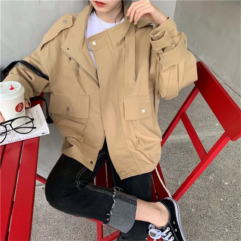 

HziriP 2019 Autumn Khaki Fresh Women All-Match Streetwear Pockets Female High Quality Outerwear Stylish Solid Chic Tops Coat
