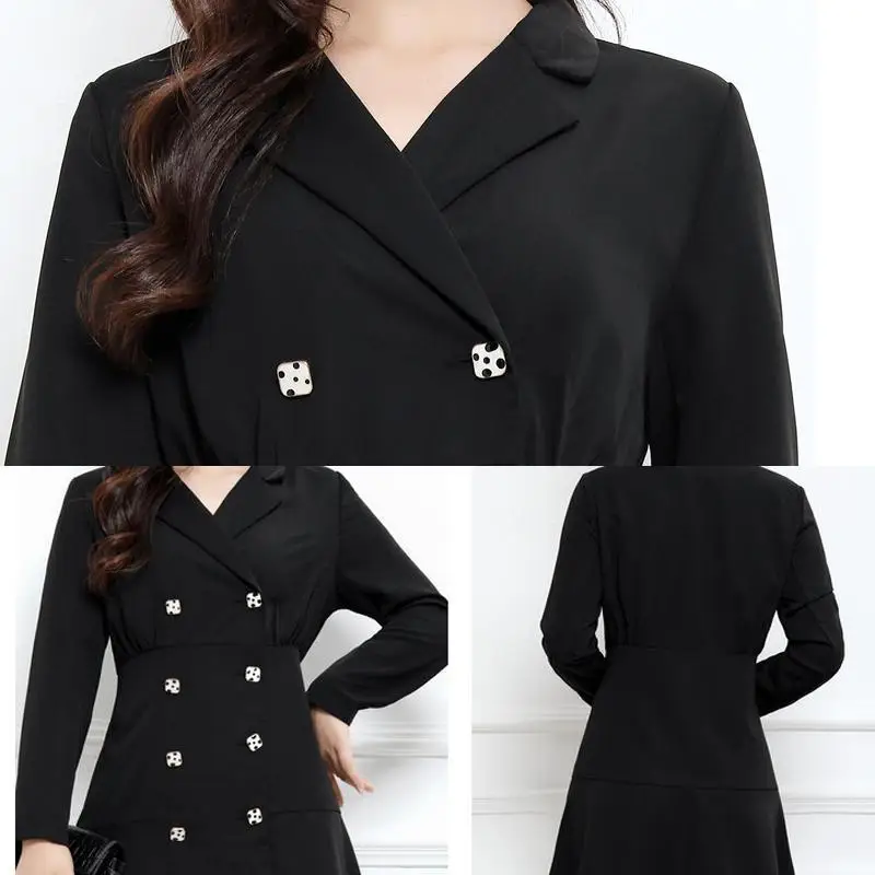 Осеннее платье-блейзер с V-образным вырезом черное повседневное двубортное