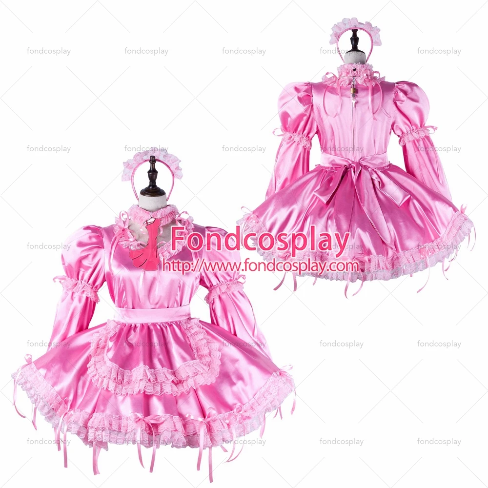 

fondcosplay adult sexy cross dressing sissy maid short pink satin dress lockable Uniform apron costume Tailor-made[G2215]