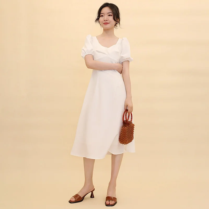 

Chiffon Solid Color Puff Sleeves Korean Style Slim Fit Women Dress Retro Sexy Square Collar Vestidos