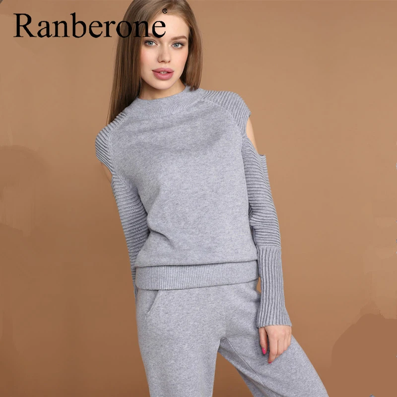 Ranberone 2 Piece Sport Suit Female Cold Shoulder Sweatshirt Top + Casual Pants Outfits Set Fitness Women's Tracksuit Womenswear