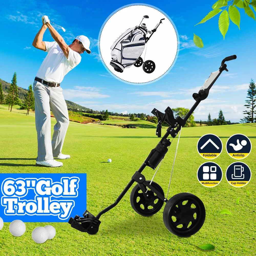 

Outdoor Golf Trolley Golf Push Cart Swivel Foldable 3 Wheels Pull Cart Golf Trolley with Umbrella Stand Golf Cart Bag Carrier