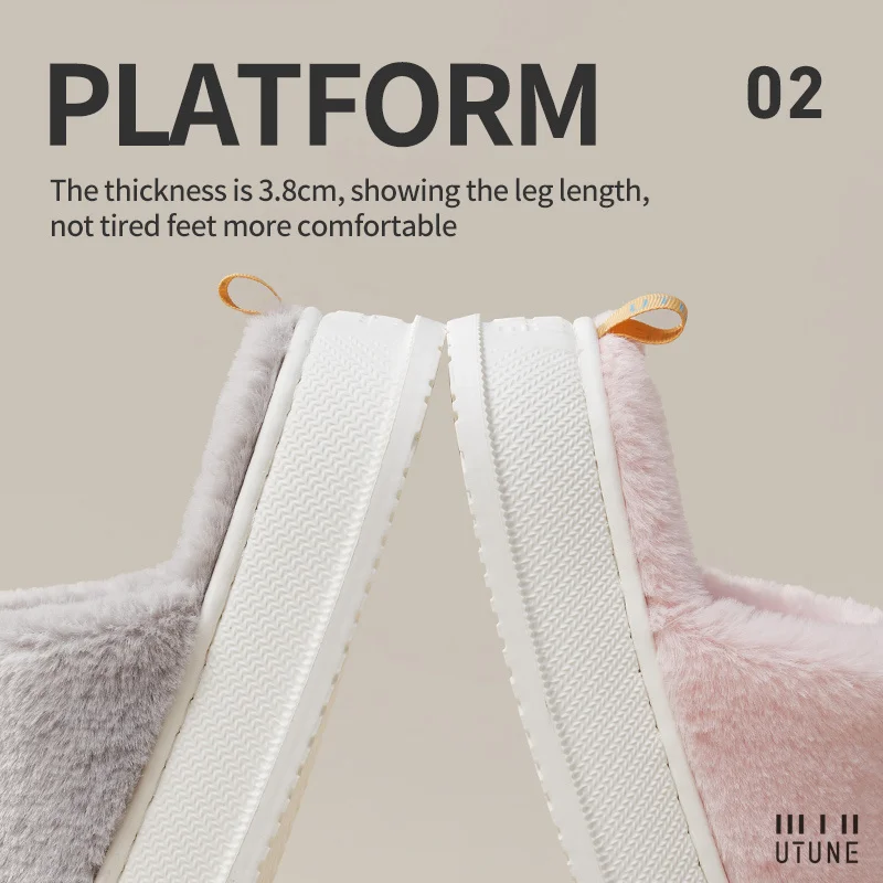 UTUNE Women Winter Slippers Plush Warm Home Slides For Men Thick Sole Soft Indoor Flats Non-slip Breathable Office Lady Shoes