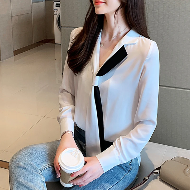 

Fashion Womens Tops And Blouses 2021 Ladies Tops Long Sleeve Solid White Shirt For Women Tops Chiffon Blouse Bow V-Neck 6230 50