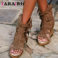 sarairis open toe platform flock sandals women high wedges sandals ladies vintage fringe casual summer shoes