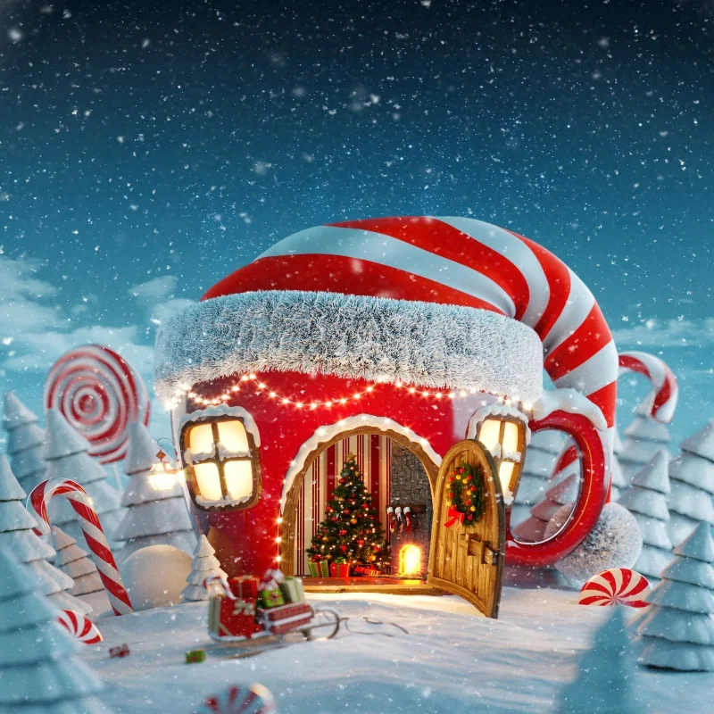 

Laeacco Winter Christmas Cartoon Stripes Hat House Lollipop Baby Birthday Photo Background Photographic Backdrop For Photo Studi