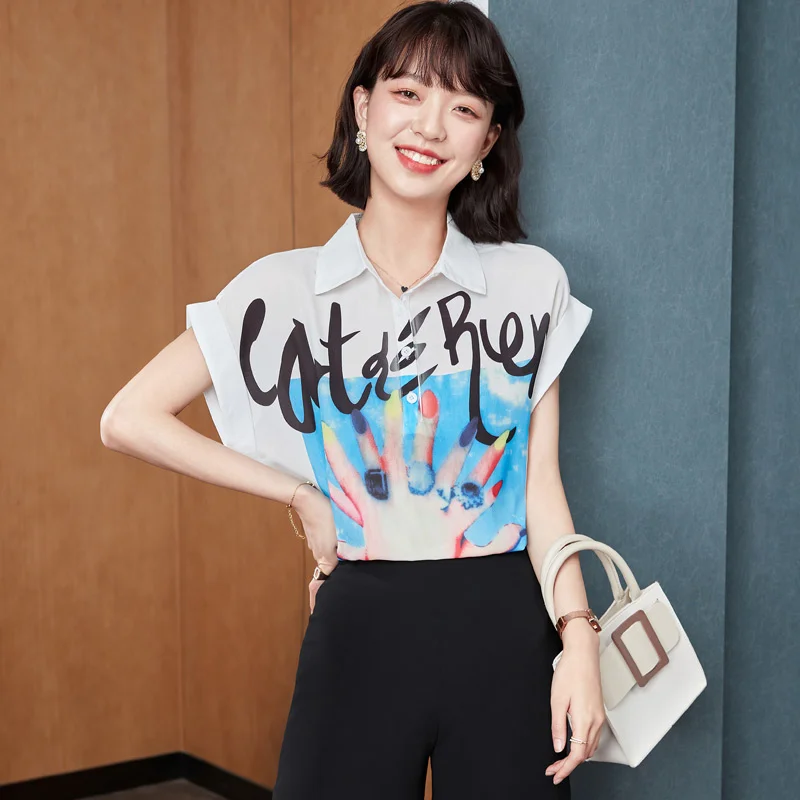 

Женская шифоновая блузка с коротким рукавом и принтом, свободного покроя