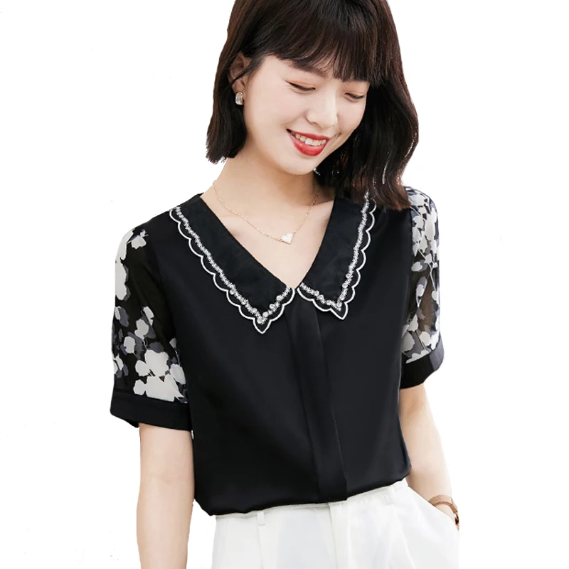 

2021 Summer New Petal collar Women Chiffon shirt Long sleeve Floral printed top Fashion Office lady blouse