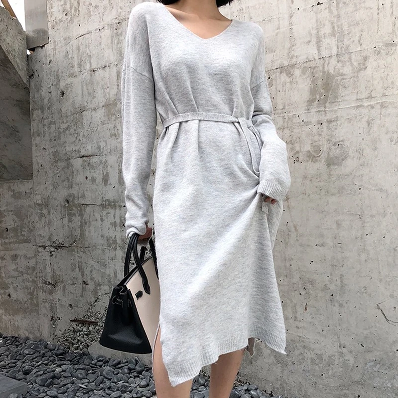 Flectit женское трикотажное платье с поясом мягкий кашемировый длинный рукав