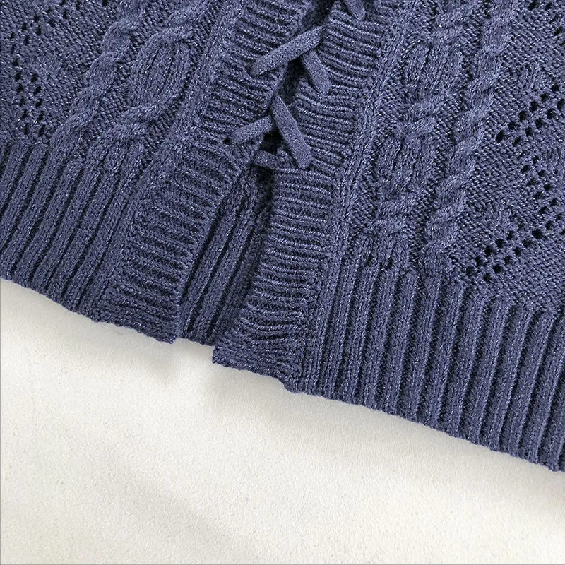 

Women's Retro Lace-Up Hollow Vest Knitted Sweater 2021 Spring Summer New Sleeveless Slim Short Square Neck Camisole Pull Femme