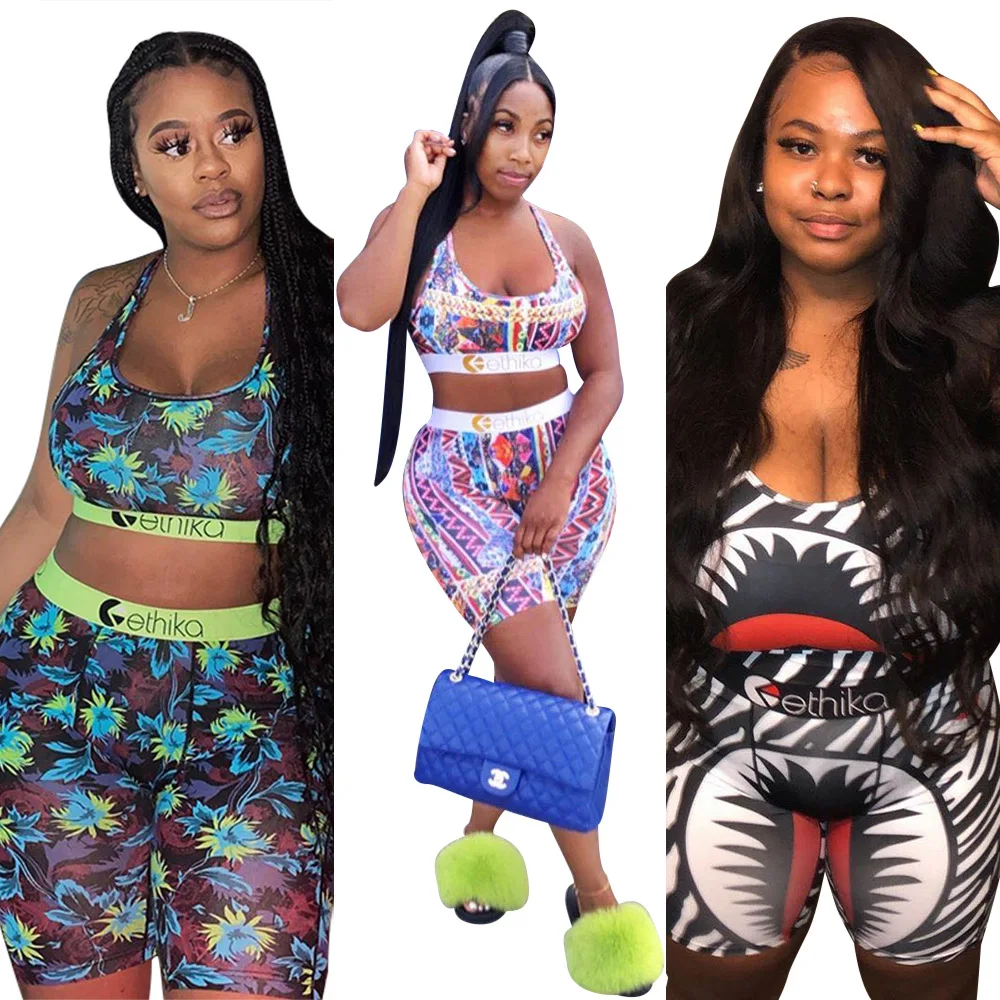 

ETHIKA 2021 special design cute cartoon print u collar crop top and hot shorts 2 pieces set street lady fashion women outfits