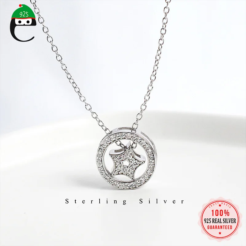 

ElfoPlataSi Real 925 Sterling Silver Fashion Sweet Round Star Shiny CZ Pendant Necklace For Women Wedding Party Jewelry DD1072