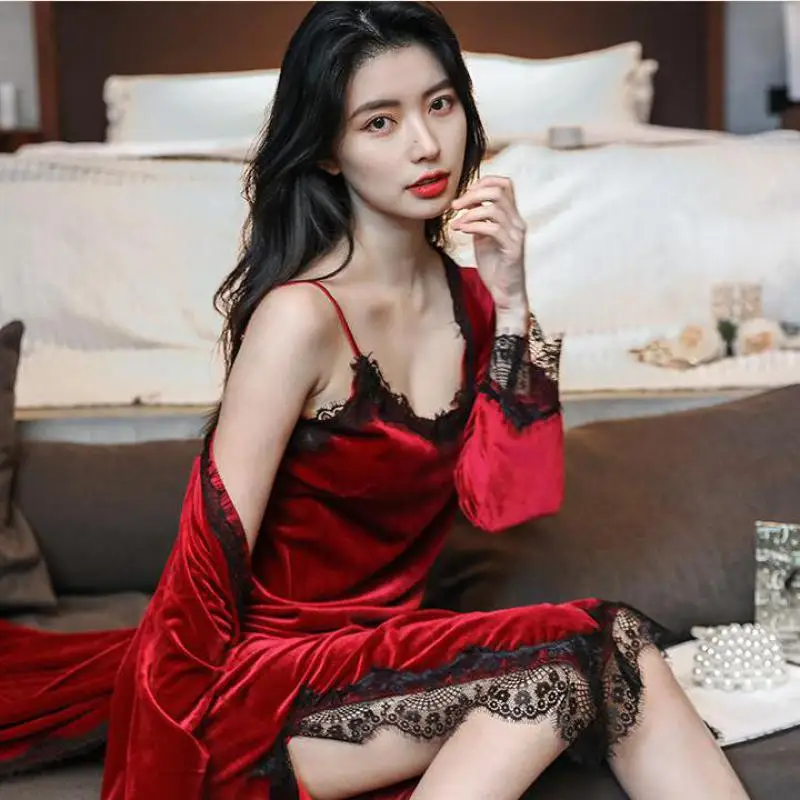 

Autumn Lace Trim Robe Set Velour Kimono Gown Women New 2PCS Sleepwear Velvet Sleep Set Femme Bathrobe Gown Intimate Lingerie