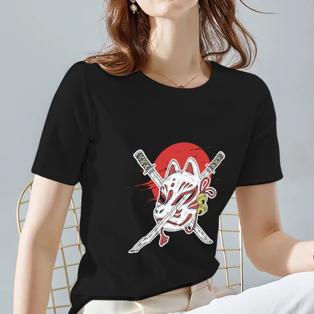 

Street Fashion T-shirt Woman Slim Harajuku Style Top Anime Fire Fox Mask Print Casual Pattern Round Neck Commuter Short Sleeves